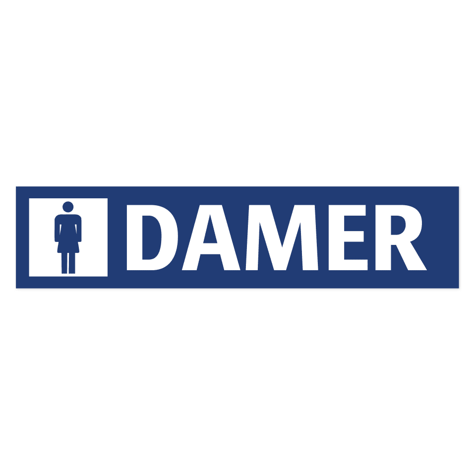 Damer-skylten har storleken 650x150mm och tillverkas i materialet Aluminium 2mm Plan. Denna standardskylt kan anpassas så att du kan skapa din egen version av skylten.