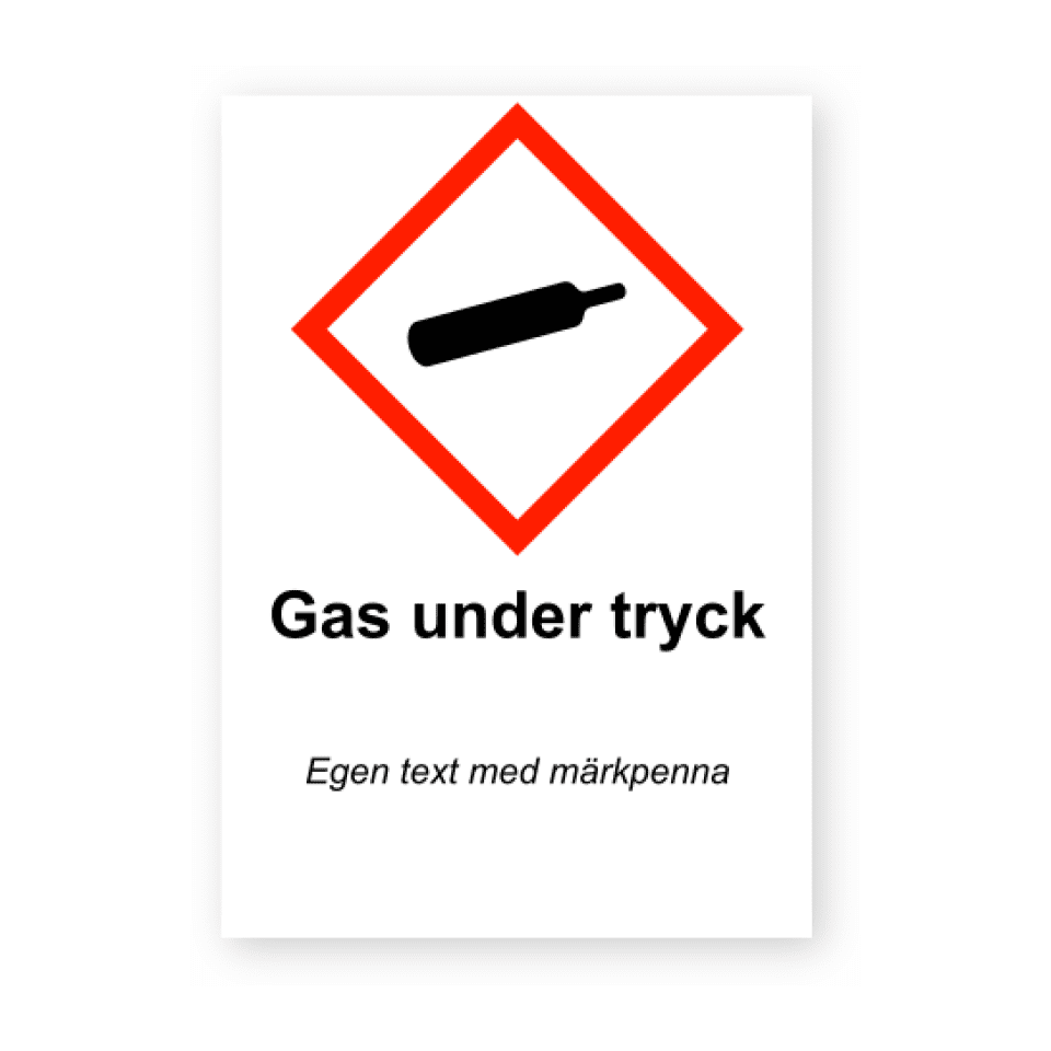 Gas under tryck-skylten har storleken 52x74mm och tillverkas i materialet Dekal. Denna standardskylt kan anpassas så att du kan skapa din egen version av skylten.
