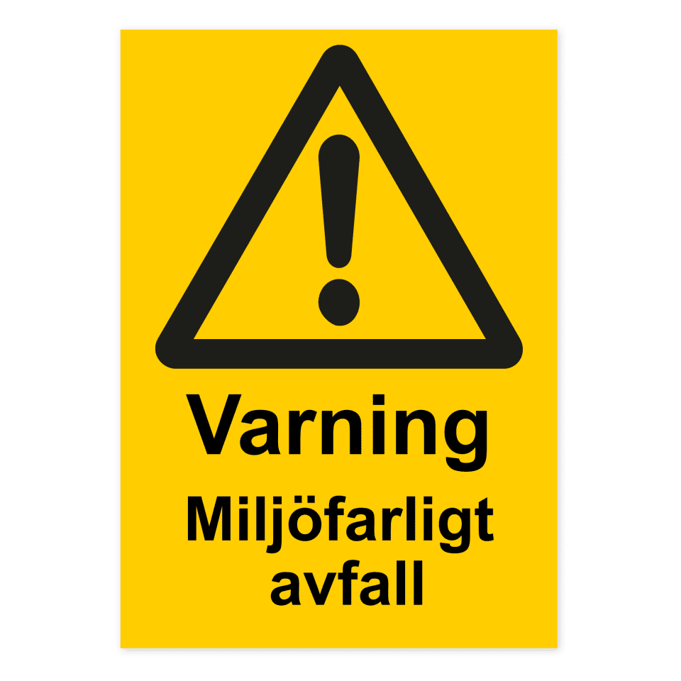 Varning Miljöfarligt avfall-skylten har storleken 210x297mm och tillverkas i materialet Dekal. Denna standardskylt kan anpassas så att du kan skapa din egen version av skylten.