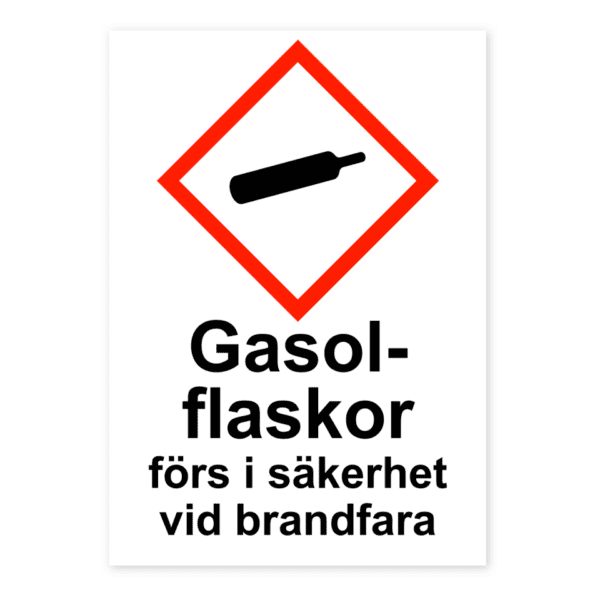 Gasolflaskor förs i säkerhet vid brandfara-skylten har storleken 148x210mm och tillverkas i materialet Dekal. Denna standardskylt kan anpassas så att du kan skapa din egen version av skylten.