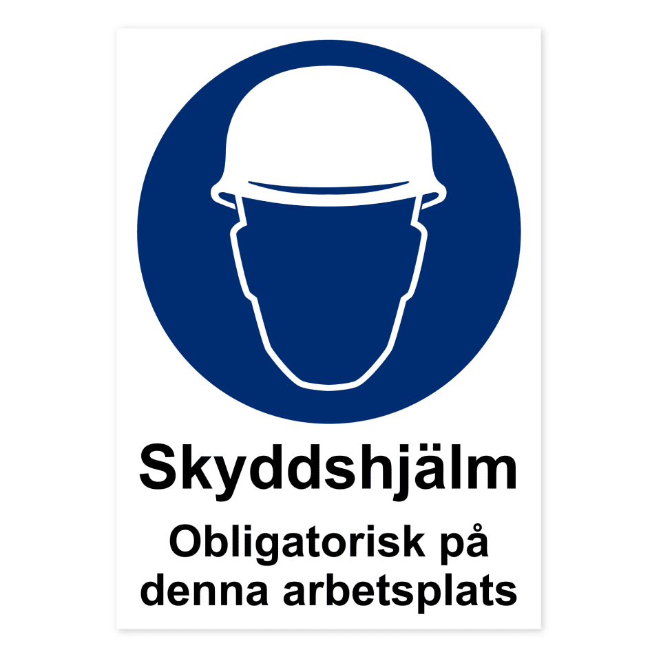 Skyddshjälm. Obligatorisk på denna arbetsplats.-skylten har storleken 210x297mm och tillverkas i materialet Dekal. Denna standardskylt kan anpassas så att du kan skapa din egen version av skylten.