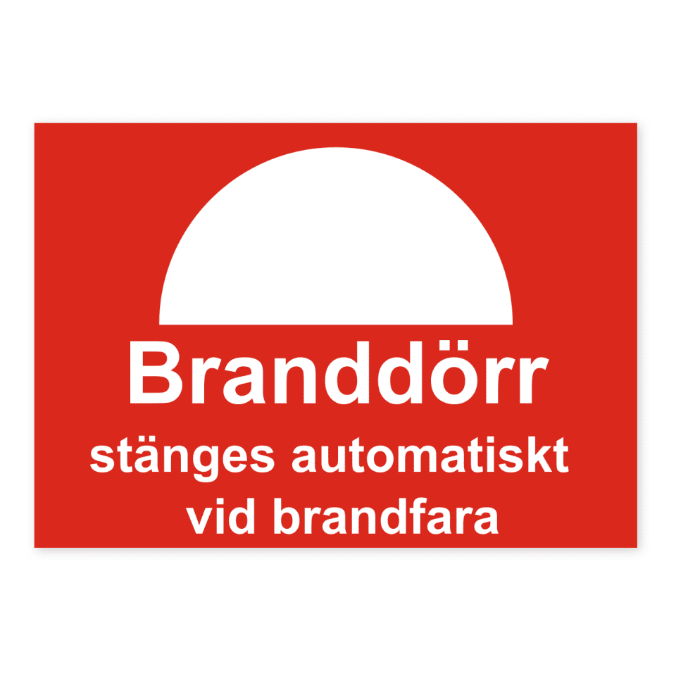 Branddörr stänges automatiskt vid brandfara-skylten har storleken 210x148mm och tillverkas i materialet Dekal. Denna standardskylt kan anpassas så att du kan skapa din egen version av skylten.