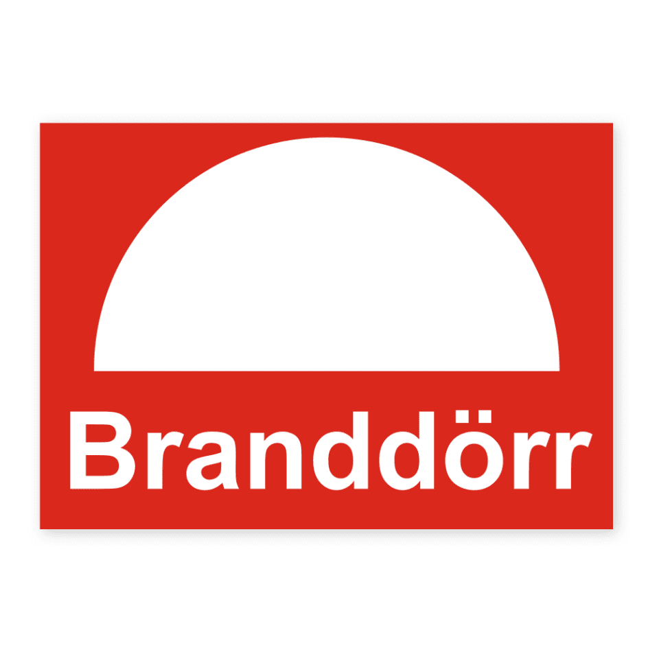 Branddörr -skylten har storleken 148x105mm och tillverkas i materialet Dekal. Denna standardskylt kan anpassas så att du kan skapa din egen version av skylten.
