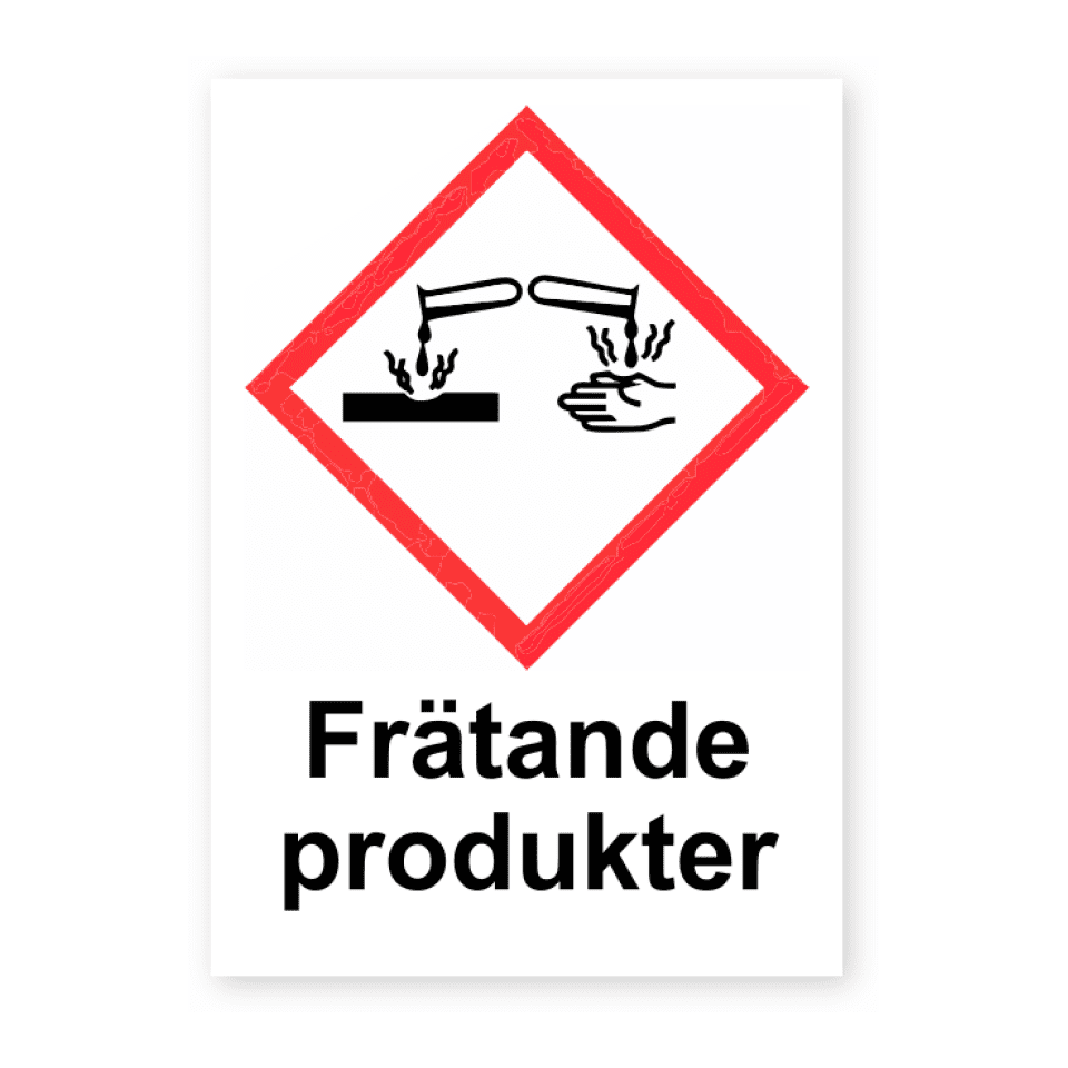 Frätande produkter-skylten har storleken 74x105mm och tillverkas i materialet Dekal. Denna standardskylt kan anpassas så att du kan skapa din egen version av skylten.