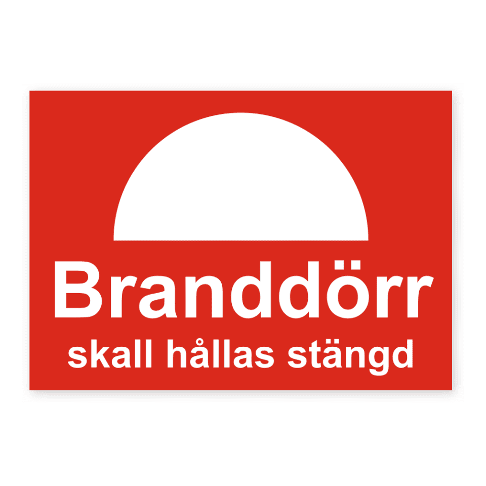 Branddörr skall hållas stängd-skylten har storleken 148x105mm och tillverkas i materialet Dekal. Denna standardskylt kan anpassas så att du kan skapa din egen version av skylten.